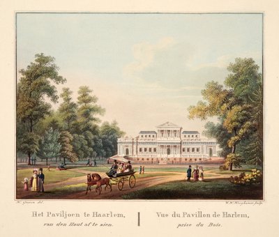 Jaarlemin paviljonki van den Houtista katsottuna. Vue du Pavillon de Harlem, Prize du Bois, 1825 (käsinvärinen kaiverrus) tekijältä Bendrik Greeven