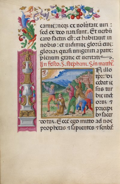 Pyhän Stefanuksen marttyyrius. Santa Giustinan evankeliumista (CBL W.107, f.4v). tekijältä Benedetto Bordone