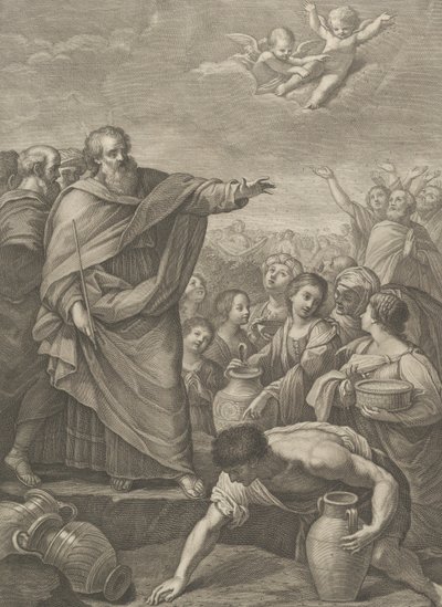 Mooses vasemmalla israelilaisten kanssa, jotka keräävät mannaa, kun se putoaa taivaalta, kaksi enkeliä ab..., 1776 tekijältä Benedetto Eredi