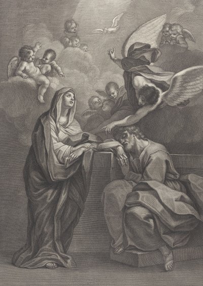 Levy 6: Pyhän Joosefin uni, Neitsyt Maria vasemmalla ja enkeli yläpuolella, joka osoittaa..., 1777 tekijältä Benedetto Eredi