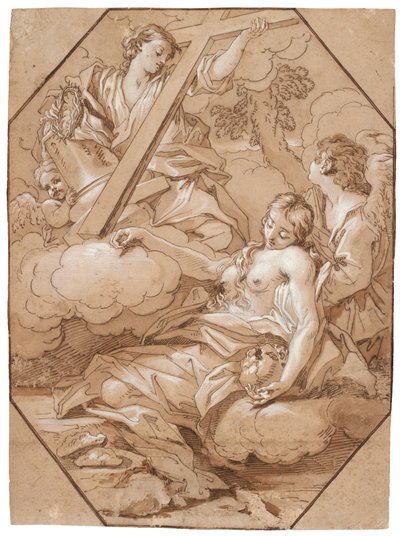 Pyhän Marian Magdaleenan ekstaasi, n. 1715–1719 (kynä ja muste ruskealla pesulla, korotettu valkoisella, kahdeksankulmaiset kehystysviivat ruskealla musteella levitetylle paperille) tekijältä Benedetto Luti