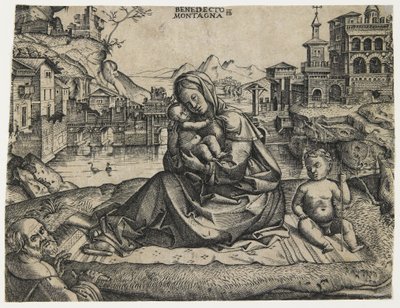 Pyhä perhe pyhä Johanneksen kanssa maisemassa, n. 1506-1512 tekijältä Benedetto Montagna