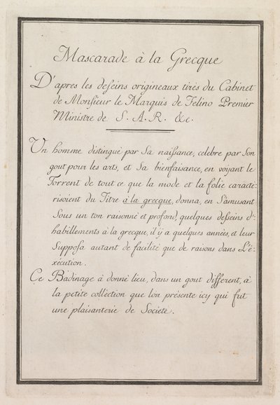 Kreikkalainen naamiainen: Nimilehtitaulu 1, 1771. tekijältä Benigno Bossi