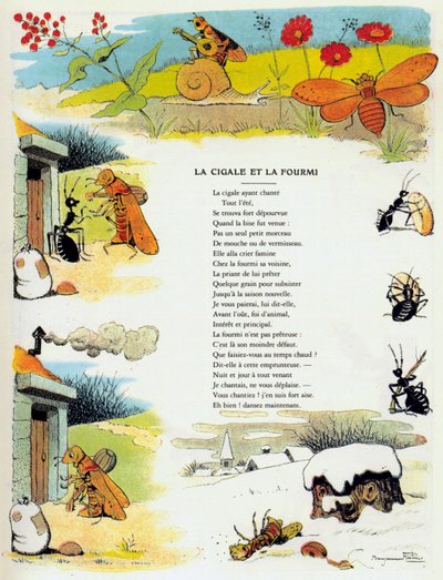 Cicada ja muurahainen, kuvitus Jean de la Fontainen "Fablesista". tekijältä Benjamin (after) Rabier