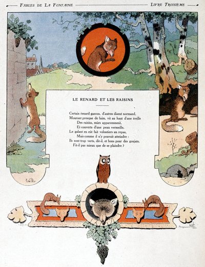 Kettu ja viinirypäleet, kuvitus Jean de la Fontainen "Fablesista". tekijältä Benjamin (after) Rabier