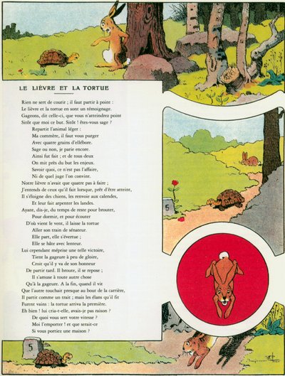 Jänis ja kilpikonna, kuvitus Jean de la Fontainen "Fablesista". tekijältä Benjamin (after) Rabier