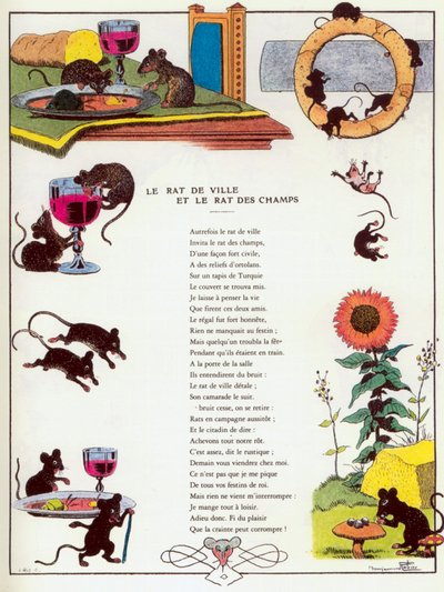Town Mouse ja Country Mouse, kuvitus Jean de la Fontainen "Fablesista". tekijältä Benjamin (after) Rabier