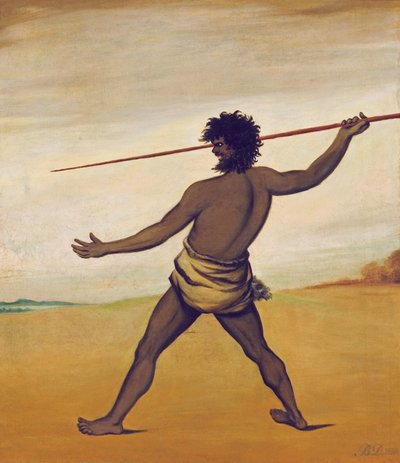 Timmy, Tasmanian aboriginaali, heittää keihään tekijältä Benjamin Duterrau