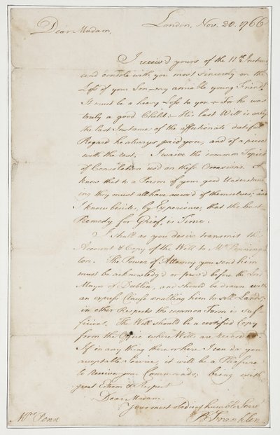 Nimikirjoituskirje rouva Ann Pennille, Lontoo, 20. marraskuuta 1766 (kynä ja muste paperille) tekijältä Benjamin Franklin