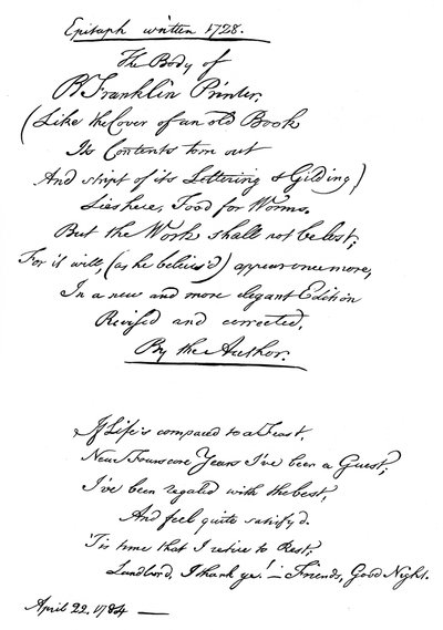Benjamin Franklinin epitafi, itse kirjoittama, 1728, 1840 tekijältä Benjamin Franklin
