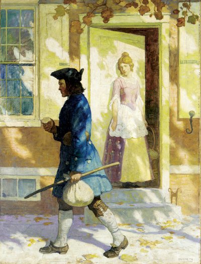 "Benjamin Franklinin (1706-1790) saapuminen nuorena miehenä Philadelphiaan työnhakuun" Newell Convers (NC) Wyethin (1882-1945) maalaus Yksityiskokoelma tekijältä Benjamin Franklin