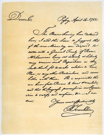 Benjamin Franklinin kirje David Hartleylle kansanedustajalle, 14. huhtikuuta 1782. tekijältä Benjamin Franklin