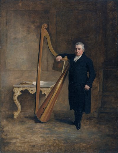 Griffith Owenin Corbetin perheen harpisti, noin 1812 (öljy kankaalle). tekijältä Benjamin Marshall