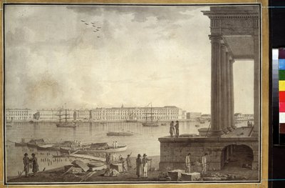 Näkymä Talvipalatsille ja Pietarin pörssille. Benjamin Paterssenin (1748-1815) teos, kynä ja muste paperille, noin 1790. Ruotsalainen taide tekijältä Benjamin Patersson