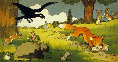 La Fontainen satu: Varis ja kettu (kuva 1949) tekijältä Benjamin Rabier