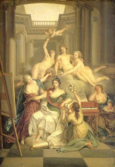 Frederika Sophia Wilhelmina Preussista (1751-1820). Prinssi Willem V:n vaimo Taiteiden temppelissä tekijältä Benjamin Samuel Bolomey