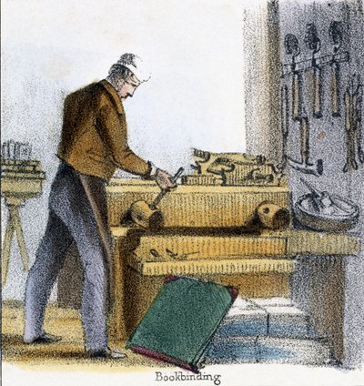 The Bookbinder, teoksesta Poika, lehmä ja vasikka graafisissa kuvissa eläimistä – niiden käyttökelpoisuuden näyttäminen ihmiselle heidän työssään elämän aikana ja käyttötarkoitukset kuoleman jälkeen, n. 1845 tekijältä Benjamin Waterhouse Hawkins
