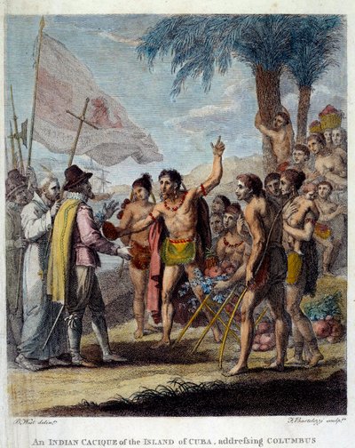 Intialainen Cacique Kuuban saarelta toivottaa tervetulleeksi Christopher Columbuksen (1451-1506) ja Euroopan armeijan ja kirkon edustajat keskustelemaan uuden valtion perustamisesta. Frontispice-julkaisun ”With-Britannian siirtokuntien siviili- ja kaupalli tekijältä Benjamin West