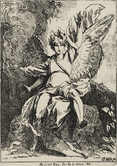 Ylösnousemuksen enkeli, 1801 (kynälitografia kudospaperille kiinnitettynä alkuperäiselle kudottulle tukilevylle harmaanruskealla akvatintalla) tekijältä Benjamin West