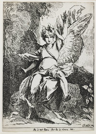 Ylösnousemuksen enkeli, teoksesta "Specimenes of Polyautography" tekijältä Benjamin West