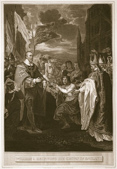 William I vastaanottaa Englannin kruunun, kaiverrettu George Noblen toimesta, kuvitus David Humen teoksesta "The History of England", julkaisija R. Bowyer, Lontoo, 1812. tekijältä Benjamin West
