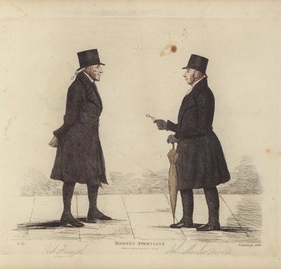 Eminent Edinburghians, eli modernit ateenalaiset, Robert Forsyth, Esq, Advocate, John Shank More, Esq, LLD, Advocate (värikaiverrus) tekijältä Benjamin William Crombie