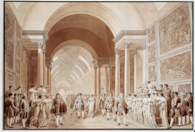 Näkymä Napoleon I:n (1769-1821) morsiuskorteegista Habsburg-Lorrainen arkkiherttuatar Marie Louisen (1791-1847) kanssa, 4.2.1810 Benjamin Zixin (1772-1811) Grande Galerie du Louvre -grafiikassa. 0,4x0,6 m Pariisi, Louvre-museo tekijältä Benjamin Zix