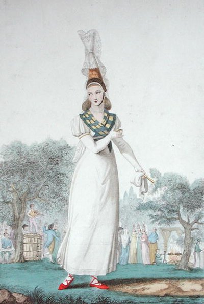 Cauchoise perinteisessä juhlapuvussa, kaiverrus Gatine n. 1830 (väri litho) tekijältä Benoit (after) Pecheux