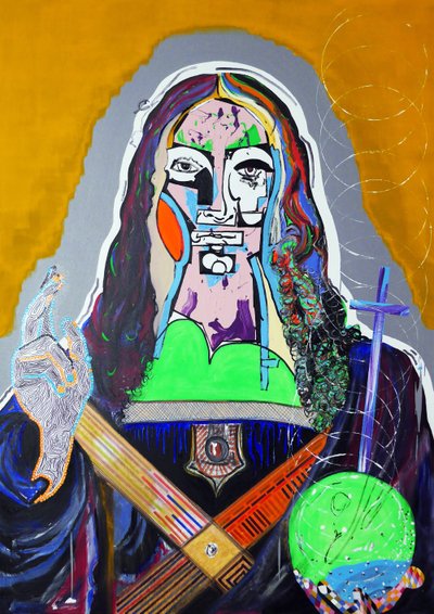 Surpeinture : Salvator Mundi, 2020 (öljy, paperi ja akryyli kankaalle) tekijältä Benoit Erwann Boucherot