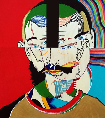 Surportrait : Mathieu Leroux, 2021 (öljyä ja akryyliä kolmelle vierekkäiselle puupaneelille). tekijältä Benoit Erwann Boucherot