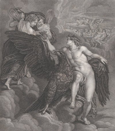 Ganymedes, nojaten kotkaan, vastaanottamassa maljan Hebeltä, 1786 tekijältä Benoit Louis Henriquez