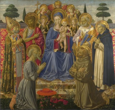 Madonna ja lapsi enkelien ja pyhimysten ympäröimänä. 1461-62 tekijältä Benozzo Gozzoli