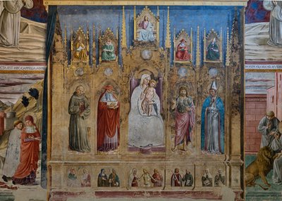 Väärennetty polyptyykki, jossa on Neitsyt Maria ja lapsi, S. Anthony Padovalainen, St. Hieronymus, St. John ja St. Louis Toulouse, Pyhän Hieromuksen kappeli tekijältä Benozzo di Lese di Sandro Gozzoli