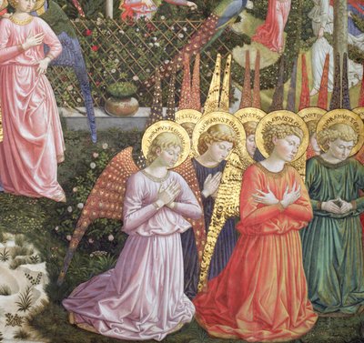 Enkelit taivaallisessa maisemassa, apsidin vasen seinä, Kappelin tietäjien matka -syklistä n. .1460 (70610:n yksityiskohta) tekijältä Benozzo di Lese di Sandro Gozzoli
