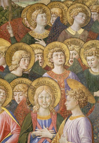 Enkelten kuoro, yksityiskohta kappelin maagisten matkasta, n.1460, fresko 70615:n yksityiskohta tekijältä Benozzo di Lese di Sandro Gozzoli