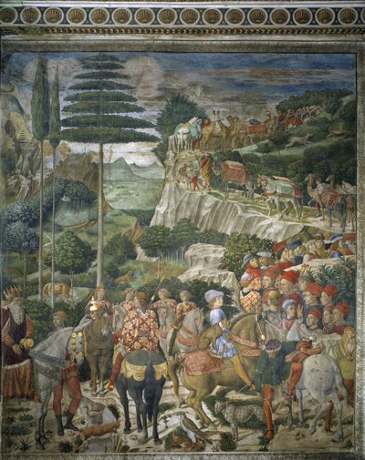 Tieteiden kulkue Julien de Mediciksen ja Josef II:n, Konstantinopolin patriarkan kanssa (fresko tekijältä Benozzo di Lese di Sandro Gozzoli