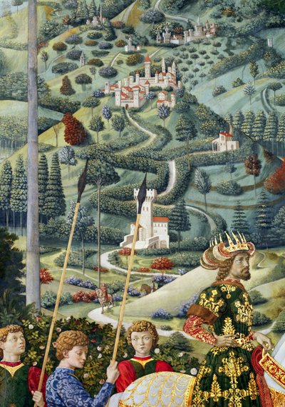 Fantastinen maisema, yksityiskohta Journey of the Magi -syklistä kappelissa, n. 1460 tekijältä Benozzo di Lese di Sandro Gozzoli