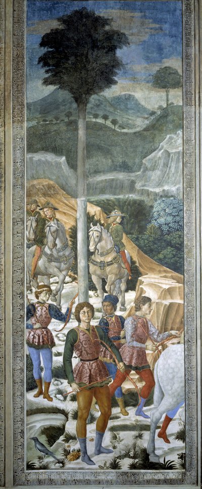 Jousimiehet, yksityiskohta kappelin maagisten matkasta, n. 1460 (fresko). tekijältä Benozzo di Lese di Sandro Gozzoli