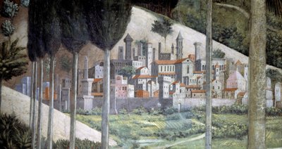 Keskiaikainen kaupunki, yksityiskohta kappelin maagisten matkasta, n. 1460 (fresko). tekijältä Benozzo di Lese di Sandro Gozzoli
