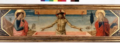 Predelle Kristuksen kanssa hurskaudessa ja pyhissä. Gozzoli Benozzon (1420 - 1497) maalaus (yksityiskohta) tekijältä Benozzo di Lese di Sandro Gozzoli