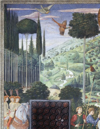 Balthasarin kulkue Johannes VIII Palaeologina, yksityiskohta kappelin maagisten matkasta, noin 1460 (fresko). tekijältä Benozzo di Lese di Sandro Gozzoli