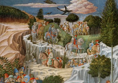 Kulkue hevosen selässä laskeutumassa kukkulalle, yksityiskohta kappelin maagisten matkasta, n.1460, fresko 70619, yksityiskohta 70619 tekijältä Benozzo di Lese di Sandro Gozzoli