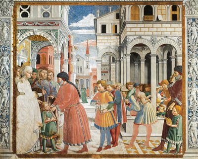 Vanhempansa veivät Pyhän Augustinuksen kieliopin opettajaksi Tagasteen, Benozzo Gozzoli (1420-1497), fresko, Pyhän Augustinuksen kirkko, San Gimignano (UNESCOn maailmanperintöluettelo) tekijältä Benozzo di Lese di Sandro Gozzoli