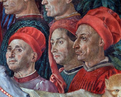 Jerusalemin tietäjien taikakorteesin matka Bethleemin "" Viaggio dei Magi"" tai "" Cavalcata dei Magi""" (yksityiskohta Magi Magi -kortegen kasvoista) Benozzo Gozzolin (1420-1497) fresko tekijältä Benozzo di Lese di Sandro Gozzoli