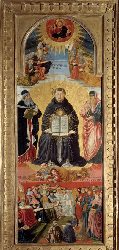 Pyhän Tuomas Akvinolaisen (1225-1274) voittoa edustavat Platon (oikealla) ja Aristoteles, joiden opetuslapsi hän on. Hänen jalkojensa juuressa makasi William of Saint-Amour. Päälle Kristus siunaa evankelistoja. Alla paavi Sixtus IV (1414-1484) pres tekijältä Benozzo di Lese di Sandro Gozzoli