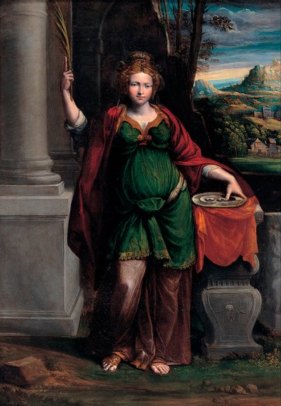 Saint Lucia (Syracuse) (4. vuosisadan alku), jolla on kaksisilmäinen tarjotin (Saint Lucy) - Benvenuto Tisi da Garofalon (Il Garolafo) maalaus (1481-1559), öljy puulle, 63x44 cm tekijältä Benvenuto Tisi da Garofalo