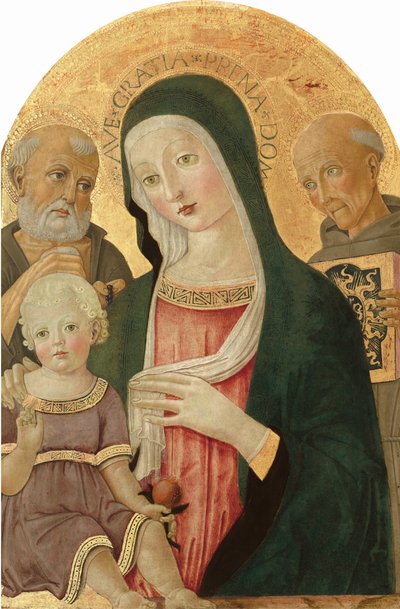 Madonna ja lapsi Pyhän Hieromuksen ja Sienan pyhä Bernardinon kanssa, n. 14801485. tekijältä Benvenuto di Giovanni