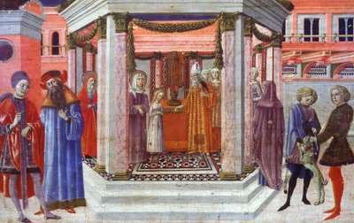 Marian esitys temppelissä, yksityiskohta Benvenuto di Giovannin (1436-1518) predellasta tekijältä Benvenuto di Giovanni