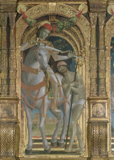 Pyhä Martin jakaa viittansa kerjäläisen kanssa, yksityiskohta polyptyykistä, 1485 tekijältä Bernadino Jacobi Butinone