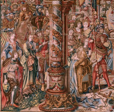 Flanderin kuvakudos. Sarja The Honours. Usko (La Fe). Ensimmäinen kuvakudos sarjassa. Mallisarjakuvapiirtäjät Bernard van Orleyn ja Jan Gossaertin (Mabuse) piiristä. Valmistus Pieter van Aelst, Bryssel. Noin 1550. Kangas Kulta, hopea, silkki ja villa. tekijältä Bernaert van (circle of) Orley